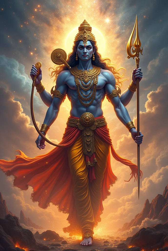 Create an image of Lord Vishnu, depicted as the most powerful and divine being, radiating immense energy. He should be shown in a majestic and awe-inspiring form, with a serene yet powerful expression. Vishnu should be carrying his four iconic weapons: the Sudarshana Chakra (a spinning disc of energy), the Kaumodaki (a mighty mace), the Panchajanya (a divine conch), and the Sharanga (a bow). The background should evoke a celestial and divine atmosphere, filled with vibrant colors, cosmic elements, and a sense of boundless power and tranquility. The image should embody his supreme status and his role as the preserver and protector of the universe in Indian mythology."