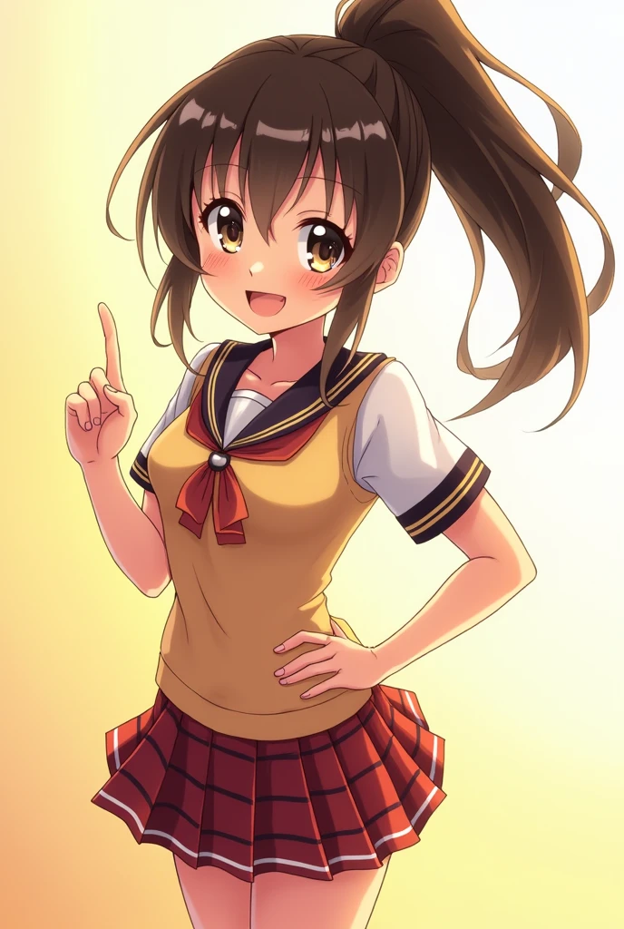 Image Adjectives: A highly detailed, dynamic, and cheerful masterpiece, showcasing full quality.

Shot: Medium close-up, capturing Nagatoro from the waist up.

Subject: Hayase Nagatoro, standing alone with her signature playful and mischievous expression.

Pose: Nagatoro is standing confidently, slightly leaning forward with one hand on her hip and the other hand playfully pointing toward the viewer. Her body language exudes energy and enthusiasm.

Details: Nagatoro’s school uniform is depicted with vibrant colors and precise detailing. Her hair is styled in her characteristic ponytail, with a few strands playfully loose around her face. Her eyes sparkle with a lively and teasing glint.

Lighting: The lighting is bright and warm, enhancing the cheerful and energetic atmosphere. The light source creates soft shadows, emphasizing the depth and details of Nagatoro’s features, particularly her expressive face and the playful highlights in her hair.