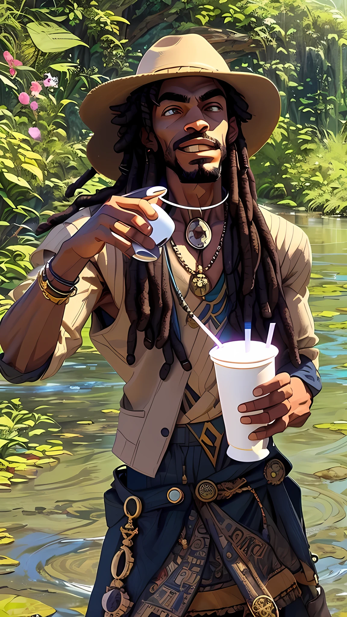 araffe man with dreadlocks and a hat holding a cup, peacefully drinking river water, taken in the early 2020s, long dreadlocks, river in front of him, a black man with long curly hair, wears a egyptian ankh necklace, playboi carti, holding a drink, dreads, mana shooting from his handsHD, (Best Detail), (Best Quality), Two-dimensional, Cartoon,