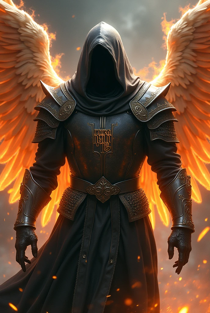 Angelic Warrior and medieval armor with hood, his face is not visible and a celestial aura with (Rinnegan White) a penetrating gaze with male fire trail wings, mixed-race skin with Hebrew letters tattooed on his right side that glow blue across the entire half of his body