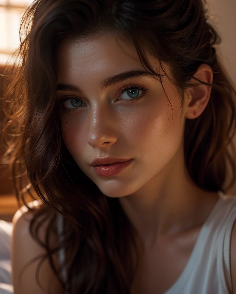A highly detailed, realistic portrait of a young woman with fair skin and reddish hair. She has blue eyes and a small nose ring. The woman is wearing a light-colored sleeveless V-neck shirt with the buttons undone. Her hair is combed to one side and slightly tousled, giving her a natural look. She is smiling softly and has soft, radiant skin. The background is a simple indoor setting, with natural light casting soft shadows on her face and hair. The mood is relaxed and casual, capturing a moment of serene beauty
