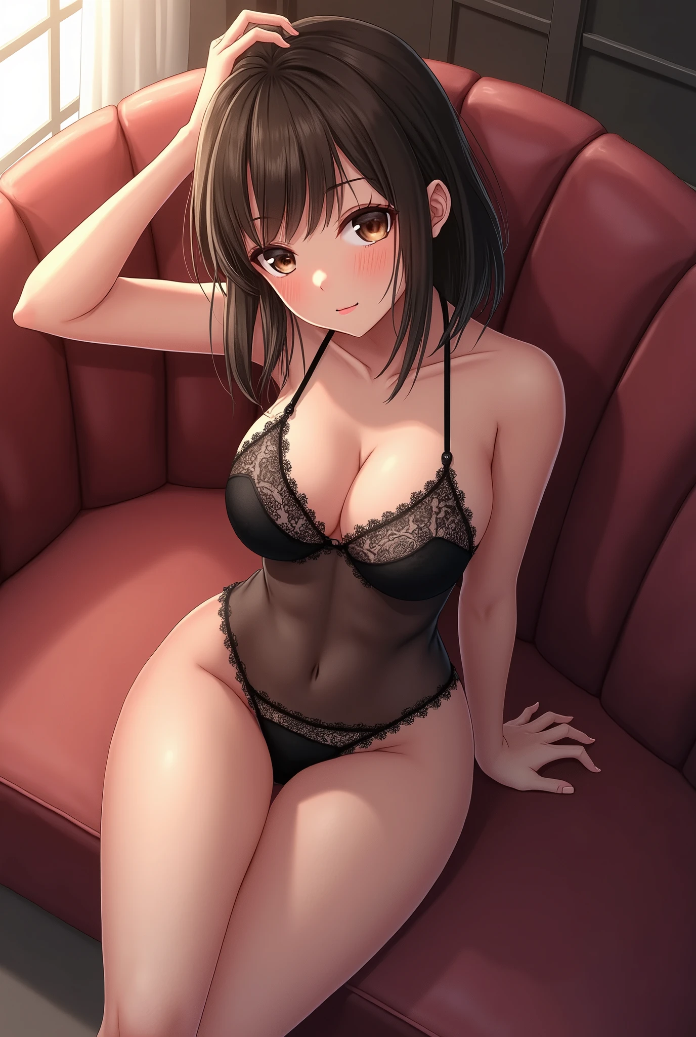 Japanese anime of a beautiful brunette girl with brown eyes and shoulder-length hair wearing sexy, see-through black lingerie lying on a sofa 