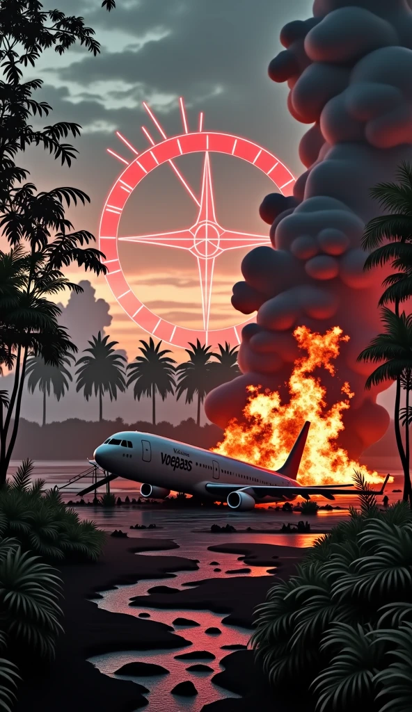 “A fiery crash scene in a dense jungle at twilight. Smoldering wreckage from the Voepass plane is scattered across the ground, with pieces of the fuselage twisted and charred. Thick, black smoke billows upward, engulfing the scene in chaos. In the foreground, a wing fragment bearing the Voepass logo is partially buried in the debris. Flames lick the trees, casting an orange glow over the wreckage. Overhead, a large red warning symbol and jagged radar lines streak across the sky. The title reads ‘Voepass Tragedy: Disaster in the Sky’ in bold, shattered letters with an explosive visual effect.”