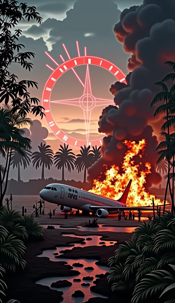 “A fiery crash scene in a dense jungle at twilight. Smoldering wreckage from the Voepass plane is scattered across the ground, with pieces of the fuselage twisted and charred. Thick, black smoke billows upward, engulfing the scene in chaos. In the foreground, a wing fragment bearing the Voepass logo is partially buried in the debris. Flames lick the trees, casting an orange glow over the wreckage. Overhead, a large red warning symbol and jagged radar lines streak across the sky. The title reads ‘Voepass Tragedy: Disaster in the Sky’ in bold, shattered letters with an explosive visual effect.”