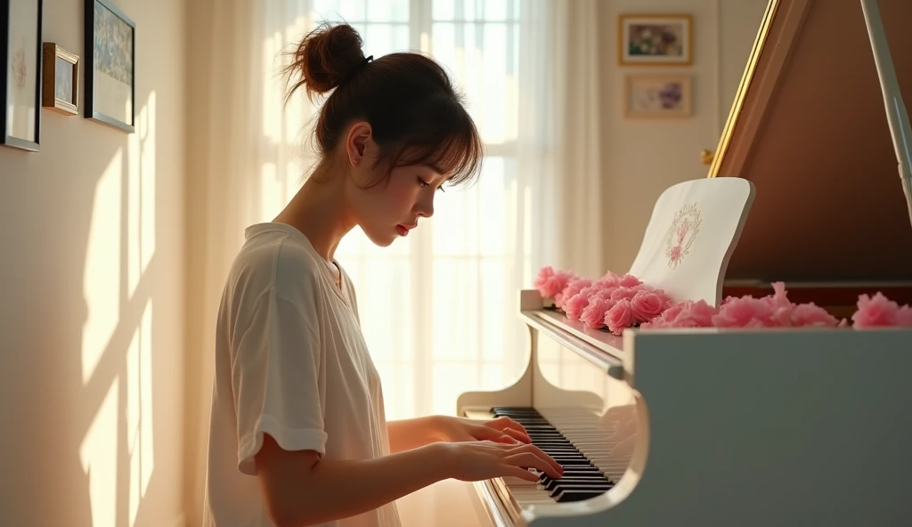 a beautiful tanned japanese woman wearing white messy loose t-shirt, with messy bun hair highlighted brown, seen playing her white grand piano in her girly living room in her apartment in 24th floor, broken white wall in her room with paintings on the wall and pink rose petals on the piano, glitters and particles and nice lighting, UHD, HDR, 8k, Masterpiece