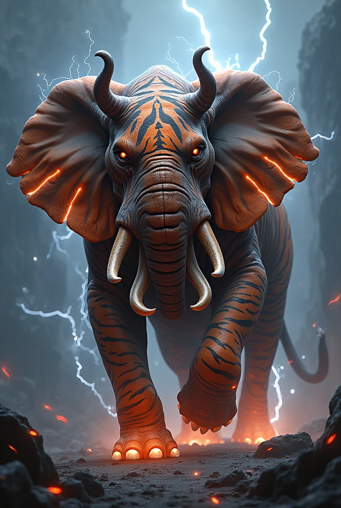 Combination of elephant and tiger danger fusion
More deadly ,more blooddy danger , electric power also,with horn on head tiger tooth also