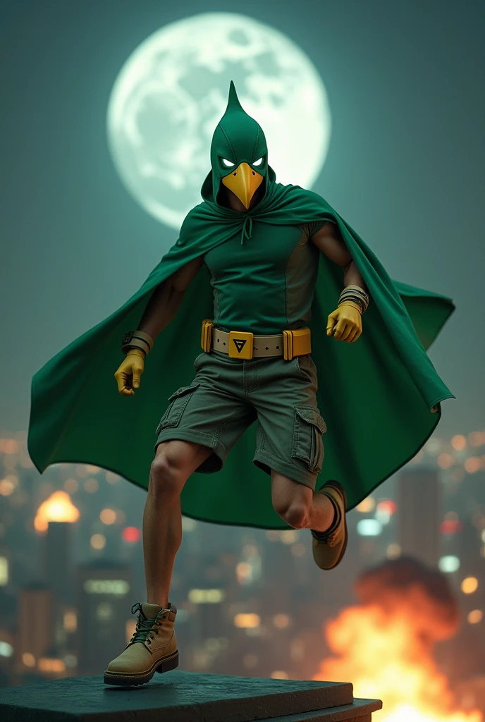 Solo Malaysia Indonesia man. Mature. Short man physical. Tiongman 20 year old., a boy . Teenage short body. ((wear helmet like bird green. Yellow torn bird..bird's beak yellow on the nose helmet))((wear jumpsuit.)) ((Domino green bird mask. ))Green shirts. Show nose and mouth .wear Green cargo short pant . ((Wear green long pants.thin guys. ))Skinny body type.mini triangle logo on chest.Wear green singlet. Wear safety. Green cape. Superhero concept nightshoot. On the city bombs effect background.night scene. Big moon background. , hanging rope. Jump with styles.. open cape. Green cape. Wear beige glove. Wear beige boots. ((Wear bullet proof jacket)). Athletic body type. Jump on the high place.marvel hero. Hand holding belt. Jum effect Photography. Fast effect photography. Wall on the top of building.