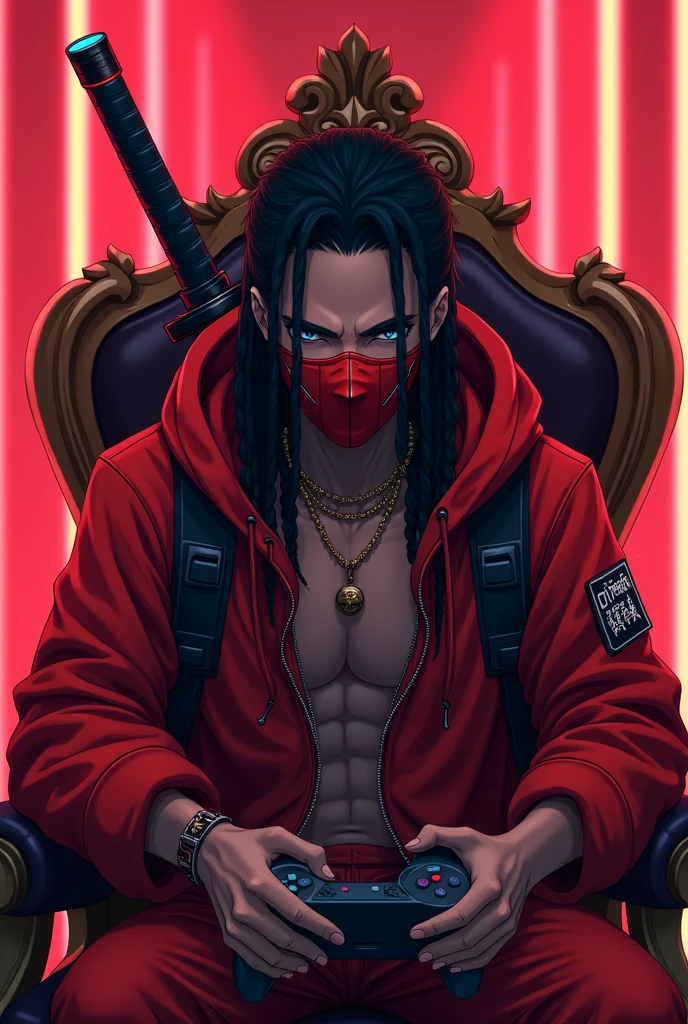 A beautiful anime boy with black hair braided back into his hair, if it reaches your shoulders,African American race black skin color, sexy cyberpunk style, wearing a high-tech red mask on his mouth that even covers his nose, Red neon lights , and red high-tech clothing ,  blue slanted eyes  , He is sitting on a throne playing Playstation 5, On his back he has a katana,He is looking at the screen angrily , because he is losing in the game , 