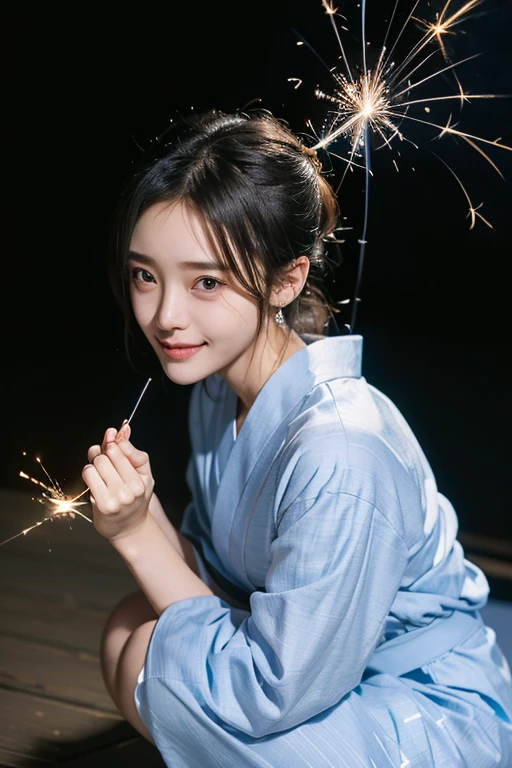 (2 Japanese girl,), (Small breasts:1.5,),(solo,,Textured skin, Detailed skin,Detailed face,Detailed eyes,detailed posing,Natural eyebrows,Sparkling Eyes,High detail, Highest quality, Super detailed, Surrealism, ,8k,RAW Photos,Photographicism,Professional Lighting,Portrait Photography,Soft Light),((Black Hair, Natural Makeup,Simple earrings, Bob Hair,smile,ribbon)),(((Light blue yukata,Squatting and doing sparklers,Holding a sparkler pointing downwards)))