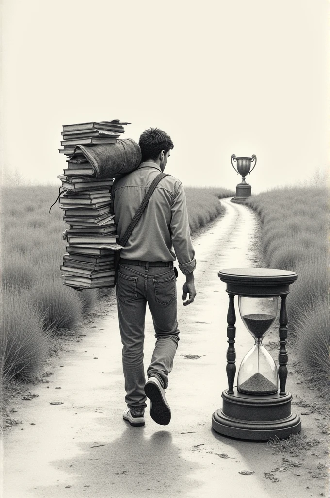 High quality drawing of a road with a man carrying both struggles and acads with hourglass at the side and at the end of the road is a success with trophy
