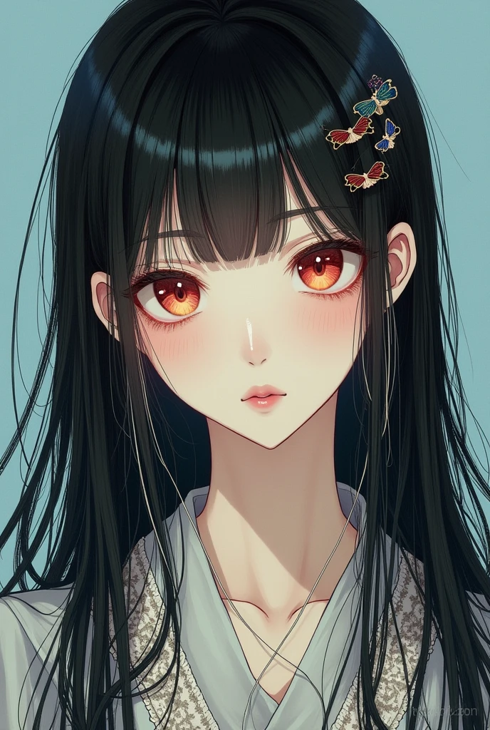 1 woman, long hair, chest, chest, black hair, conjunctivitis, Masterpiece, very detailed, smile, Light blue background, Hair clips, earphones, Pictures of Ukiyo-e, 
