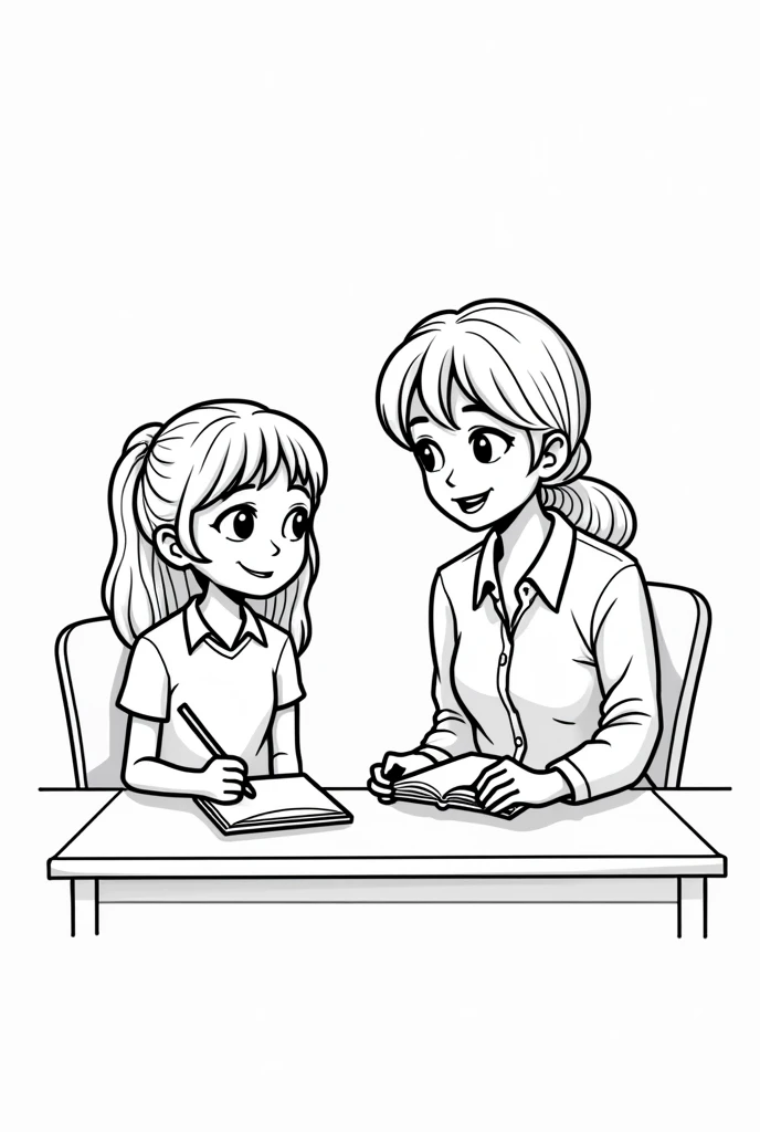 

"Create a coloring page featuring a cartoon-style female teacher sitting and teaching a female student at a table. The student is writing in a book placed in front of her. The scene should have no background, just the characters, table, and book. The faces should be non-realistic and cute, with simple lines and clear shapes for easy coloring."
