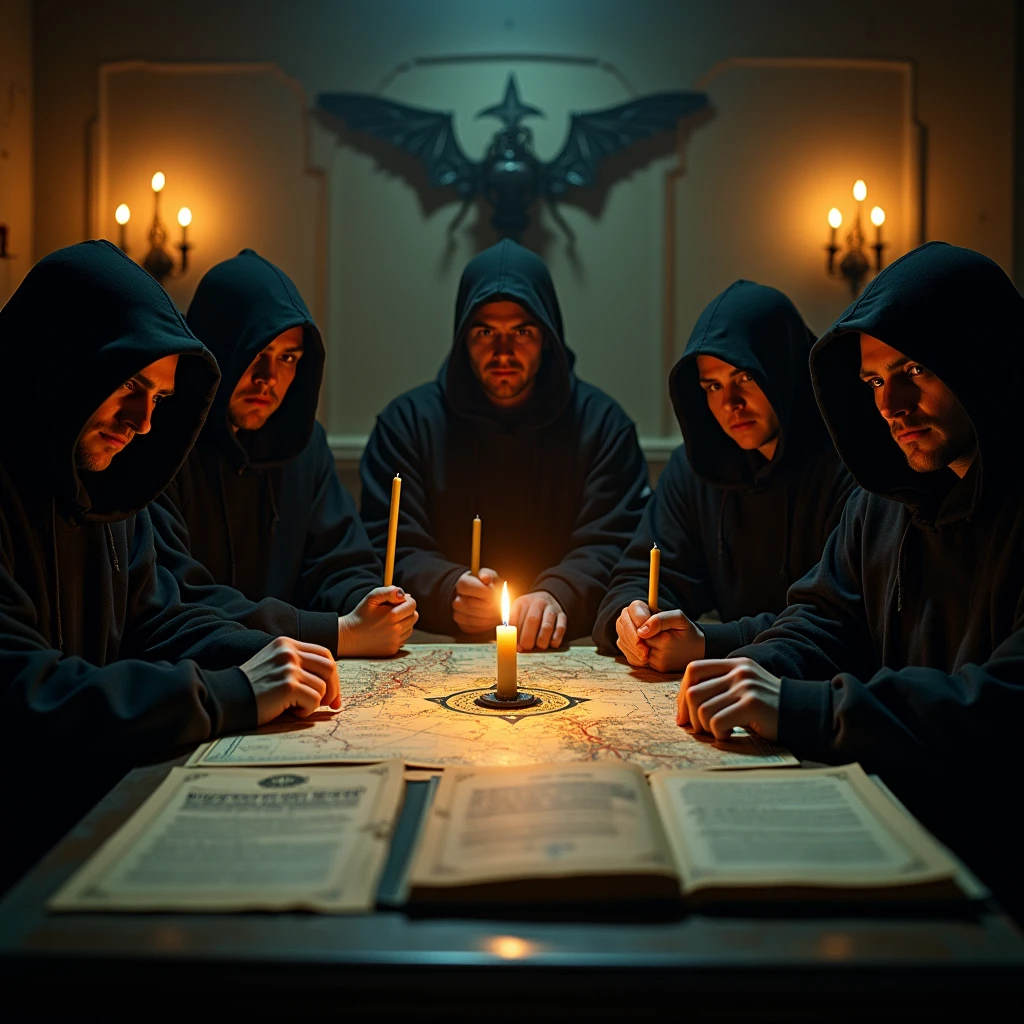 Close-up shot, Low angle shot, a candlelit room where five man sitting, their faces serious and determined and look at the viewer, wearing culthu robe with hood, the table covered with maps, books, and a glowing mysterious symbol. in the background representing the culthu influence. The contrast between the calculated plotting and creates a sense of tension and mystery, leaving the viewer questioning the true nature of the Illuminati.) unreal engine, cinematic, hyper-real, highly detailed, Ultra realistic HD --q 2 --v 6.1 --ar 9:16