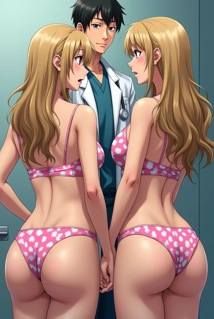 ((best quality)), ((masterpiece)), ( 3 people)((  one    6 male doctor wearing lab coat))      (( 2 Japanese girls mother and  girl daughter wearing only pink and white underwear with unicorn patterns,  sexy long wavy blonde hair, pigtail haircut teen, young bodys white girls thin bodys, perfect butts, mother very large natural breast, teen girl flat chest, hands tied behind back. Sexy girls, wet shiny skin, wet bra, full body shot) ) ( doctor office setting, doctor touching daughter) body exam) breast exam) angry , sad, cry, .  