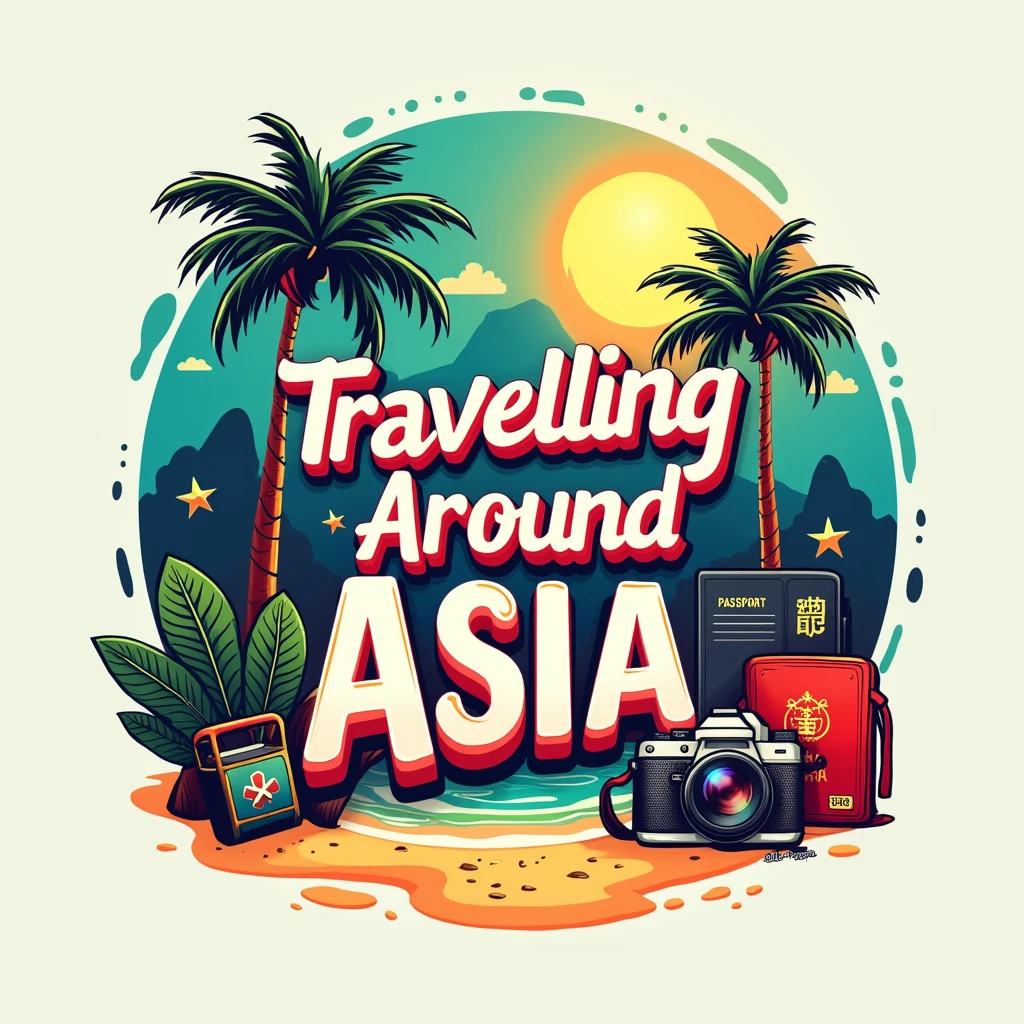 making the name 'Travelling around Asia' the focal point, The design should incorporate tropical beaches, a passport, and a camera.
