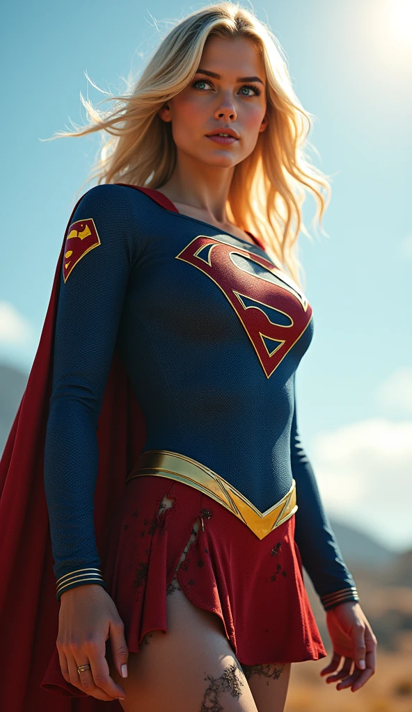 8k, Highest quality, live-action, Intricate details, Very detailed, Ultra-high resolution, Depth Field,(photoRealistic,Realistic:1.2),masterpiece,european pictures, Supergirl, (Bruises, dirty, Torn clothes, Revealing clothing, Blood:1.3), blue eyes, Blonde, Long Hair, Torn Cape, Torn pantyhose, Superhero, alone, sun, blue sky,
Highest quality, Realistic, photoRealistic, (Intricate details:1.2), (Delicate and detailed), (Cinematic Light), Clear lines, Sharp focus, Realistic face, Detailed face,
unity 8k wallpaper, Ultra-high resolution, (photoRealistic:1.4), View your viewers
