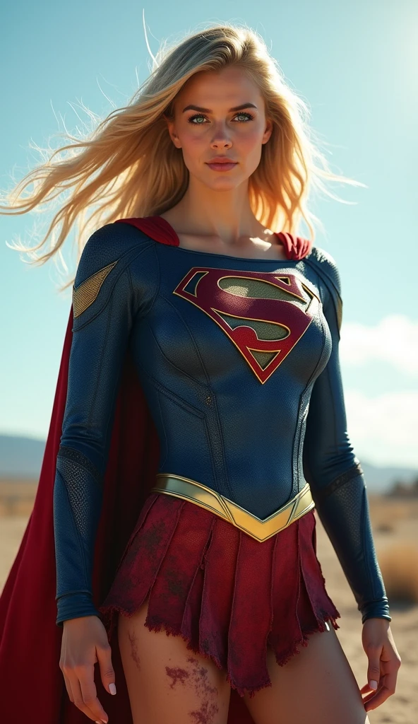 8k, Highest quality, live-action, Intricate details, Very detailed, Ultra-high resolution, Depth Field,(photoRealistic,Realistic:1.2),masterpiece,european pictures, Supergirl, (Bruises, dirty, Torn clothes, Revealing clothing, Blood:1.3), blue eyes, Blonde, Long Hair, Torn Cape, Torn pantyhose, Superhero, alone, sun, blue sky,
Highest quality, Realistic, photoRealistic, (Intricate details:1.2), (Delicate and detailed), (Cinematic Light), Clear lines, Sharp focus, Realistic face, Detailed face,
unity 8k wallpaper, Ultra-high resolution, (photoRealistic:1.4), View your viewers