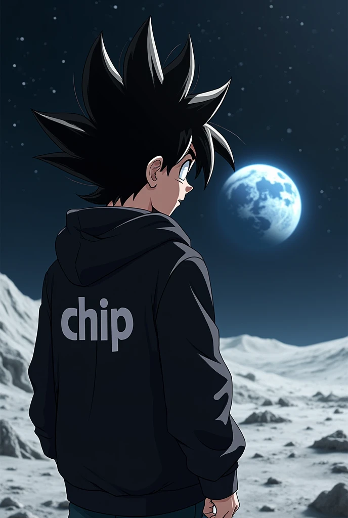 a Goku like head with a black hoodie in the back of the hoodie, there is a word "Chip" , and he is in the moon watching the earth with no helmet