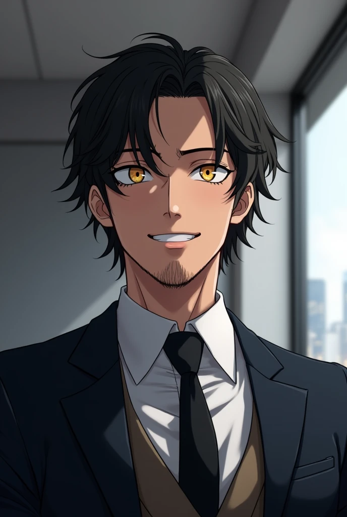 1 adult male, Contractor, Wearing a suit, pleasant, black hair, Yellow eyes, laughing, highest quality, black tie, In the office, Anime art style, uncle, Dark impression, long hair, Mouth not open