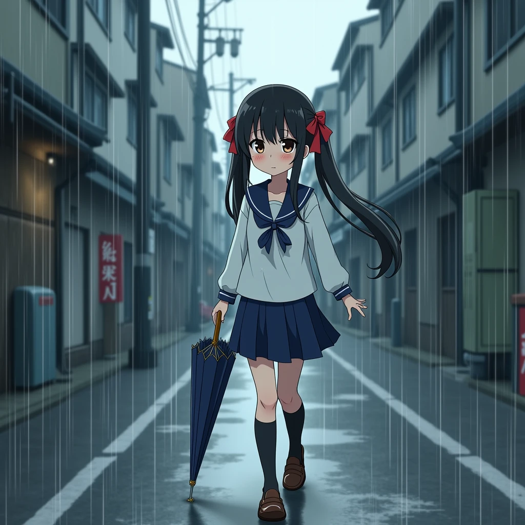 Anime Style, A girl walking, Holding an umbrella, Troubled face,
The girl is wearing a white sailor suit with short sleeves and a navy collar, with a blue ribbon., Wearing a navy blue skirt,
Wearing black high socks, Wearing loafers.
Her hair is very long and black, with low twin tails and red ribbons..
Not high pigtails, Not half-up,
Late teens, Small breasts, Has dark brown eyes.
puddle, Sidewalk, pavement, Japan roads, Tokyo, Town, building, Apartment,
heavy rain, Outdoor, from front.