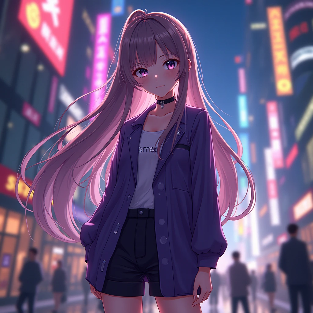 anime girl with a long hair is wearing aesthetic outfit with a text "amethyst" on her clothes, in citylights background
