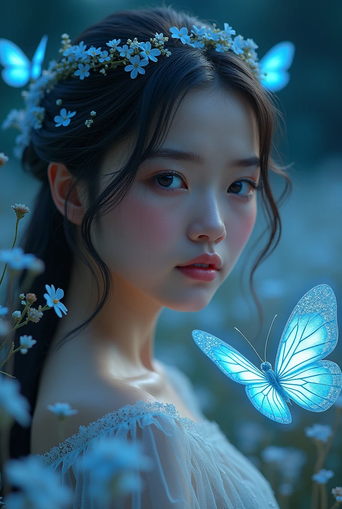 unparalleled masterpiece, ultra realistic 8k CG,masterpiece,pov,(delicate photograph,ultra_detailed,16k,raw photo:1.3),(realistic:1.9,photorealistic:1.9), beautiful detailed eyes,1 girl,solo,full body, ,blue butterfly, glowing wings, flower field, butterfly, windy, night, starry sky, butterfly wings,,butterfly wings,,fantasy,