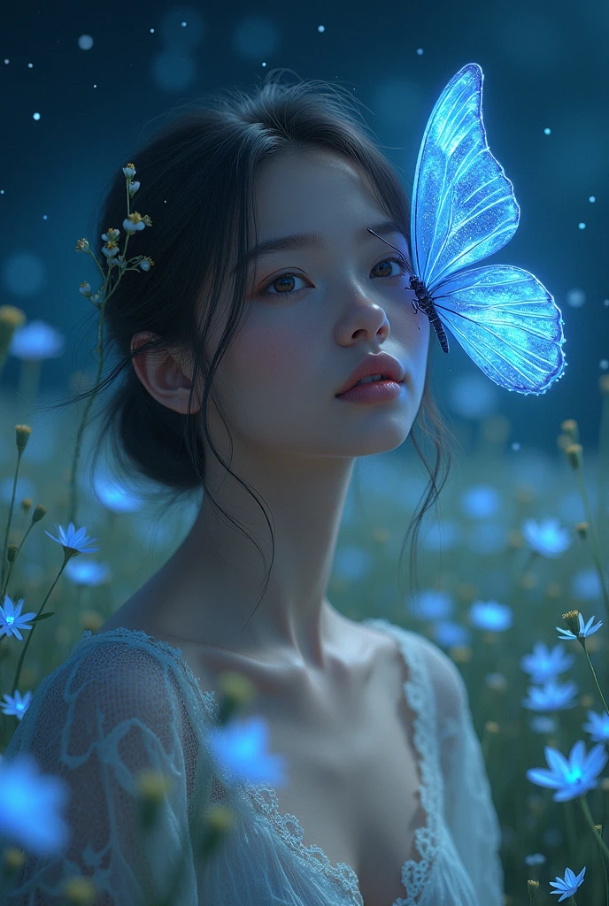 unparalleled masterpiece, ultra realistic 8k CG,masterpiece,pov,(delicate photograph,ultra_detailed,16k,raw photo:1.3),(realistic:1.9,photorealistic:1.9), beautiful detailed eyes,1 girl,solo,full body, ,blue butterfly, glowing wings, flower field, butterfly, windy, night, starry sky, butterfly wings,,butterfly wings,,fantasy,