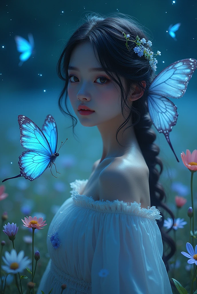 unparalleled masterpiece, ultra realistic 8k CG,masterpiece,pov,(delicate photograph,ultra_detailed,16k,raw photo:1.3),(realistic:1.9,photorealistic:1.9), beautiful detailed eyes,1 girl,solo,full body, ,blue butterfly, glowing wings, flower field, butterfly, windy, night, starry sky, butterfly wings,,butterfly wings,,fantasy,