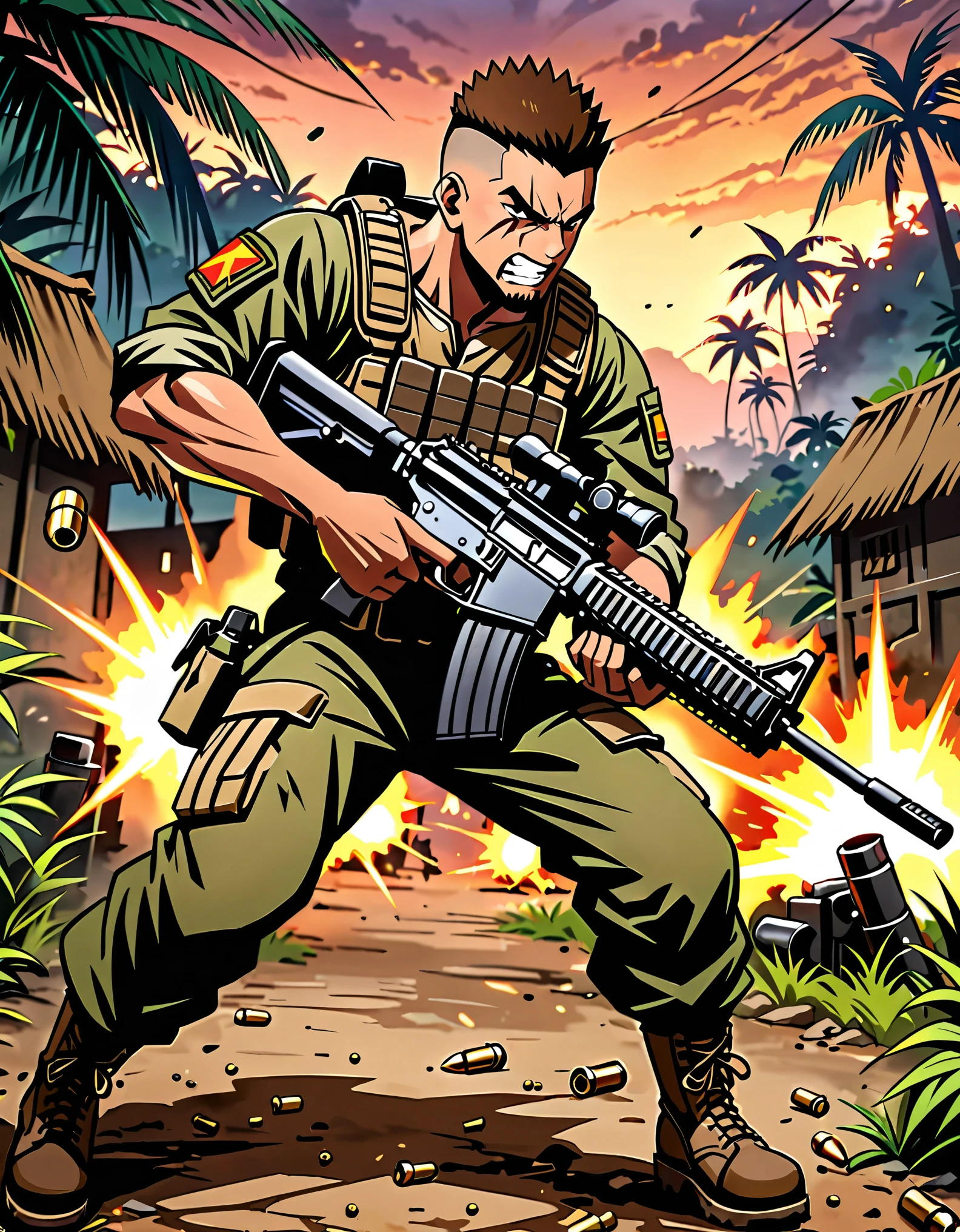 (masterpiece), (best quality), (hires), solo, so lo focus, male focus, muscular mercenary, firing machine gun, assault rifle, shell casings, brown hair, brown eyes, (crew cut), (spiky hair), (facial hair), (facial scar), angry, clenched teeth, jungle village, dusk, war zone background, tactical gear, combat boots, dynamic action pose, standing, gritty atmosphere.
