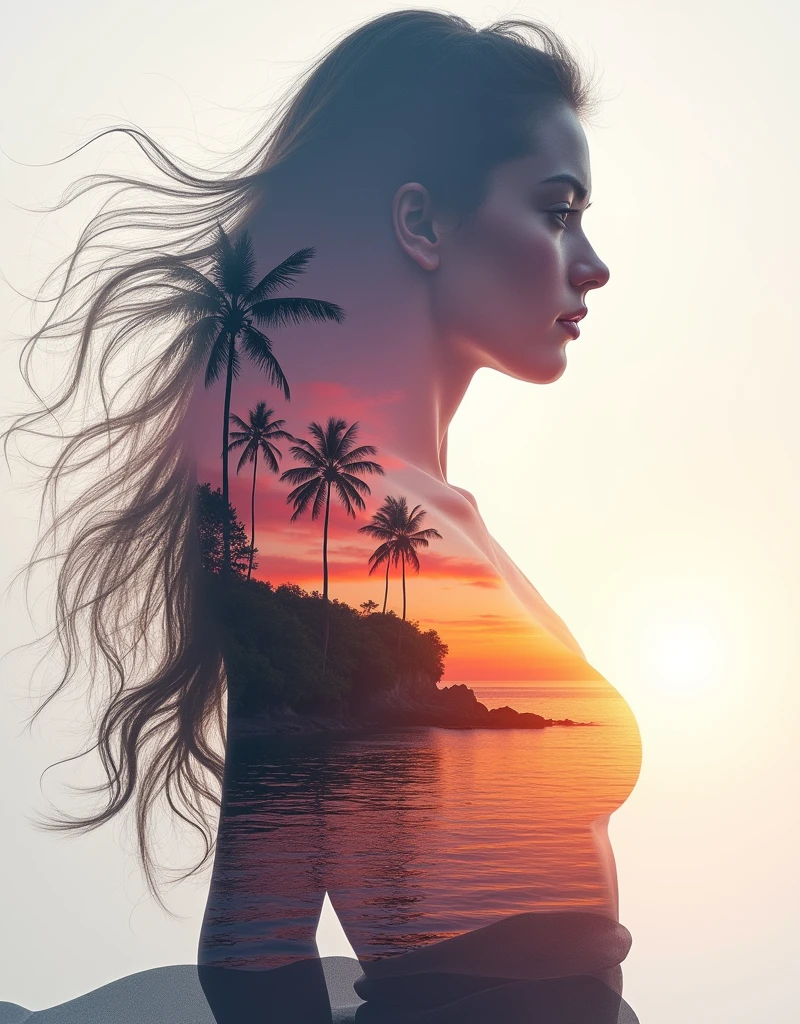 high quality, 8K Ultra HD, A beautiful double exposure that combines an goddess silhouette with sunset coast, sunset coast should serve as the underlying backdrop, with its details incorporated into the goddess , crisp lines, The background is monochrome, sharp focus, double exposure, by yukisakura, awesome full color,