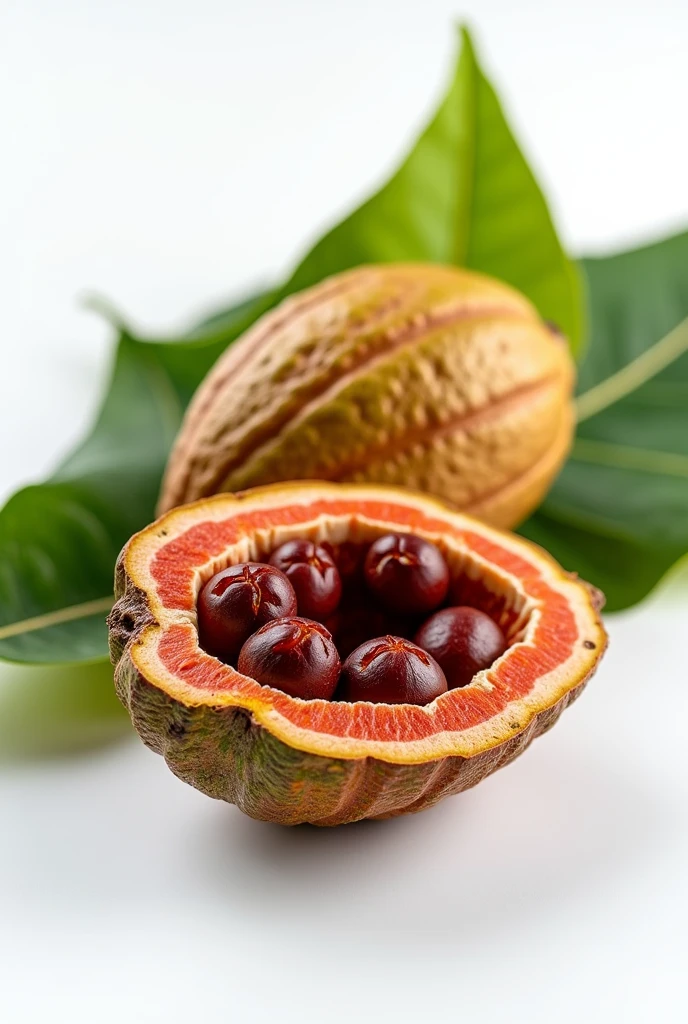 A cocoa fruit cut open to reveal the fruit,The other one is completely placed at the back,Two green cocoa leaves are placed behind the fruit,Food Commercial Photography,Adequate lighting,Clear focus,high quality,Award-winning photos,Attention to detail,White environment、Studio Lights --v 5 --q 2