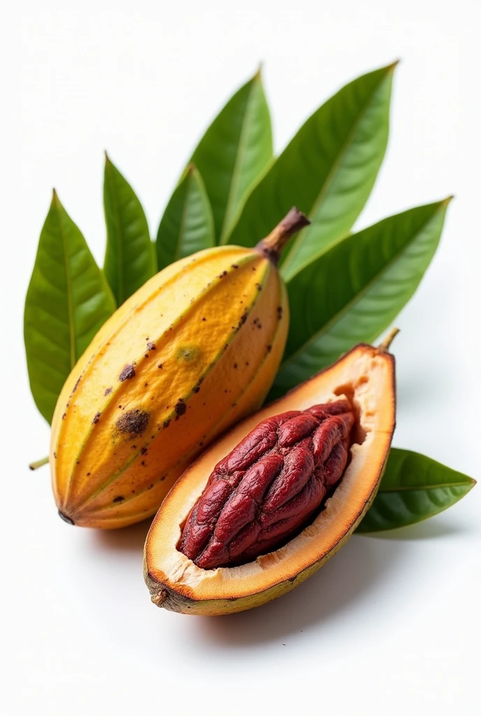 A cocoa fruit cut open to reveal the fruit,The other one is completely placed at the back,Two green cocoa leaves are placed behind the fruit,Food Commercial Photography,Adequate lighting,Clear focus,high quality,Award-winning photos,Attention to detail,White environment、Studio Lights --v 5 --q 2