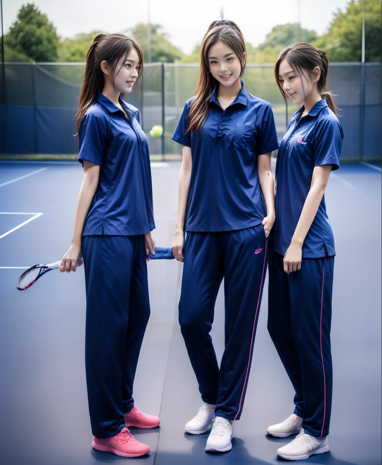 3 girls play tennis at tennis courts, Navy blue short-sleeved shirt,Navy Long Trackpant,Sweatpants, Sweatpantsขายาว,2 girl, lesbian, sexy, exercise clothes, wet body, exercise clothes