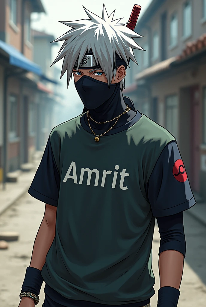 Kakashi wear a t shirt and t shirt name is Amrit and take a sword 