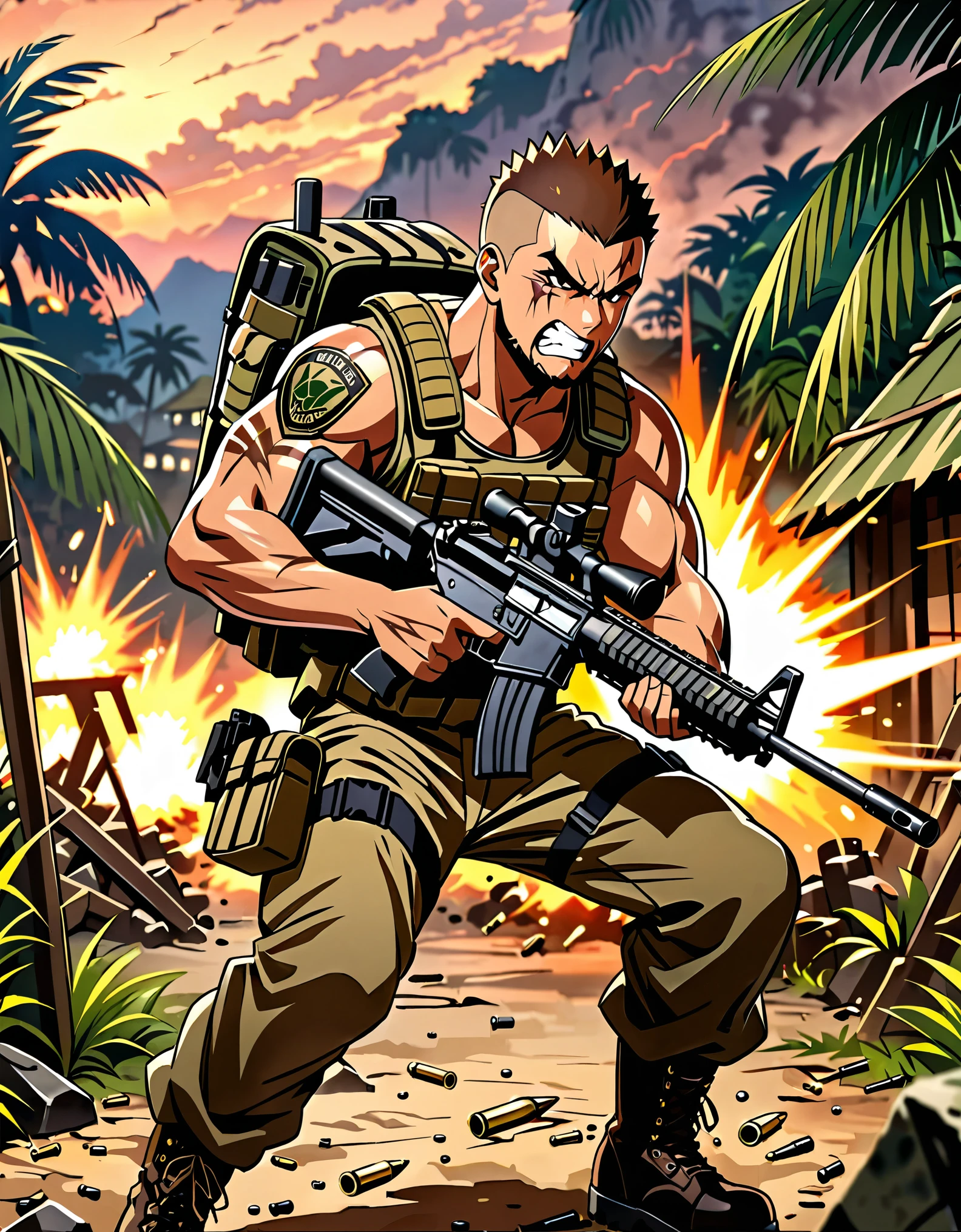 (masterpiece), (best quality), (hires), solo, so lo focus, male focus, muscular mercenary, firing machine gun, assault rifle, shell casings, brown hair, brown eyes, (crew cut), (spiky hair), (facial hair), (facial scar), angry, clenched teeth, jungle village, dusk, war zone background, tactical gear, combat boots, dynamic action pose, standing, gritty atmosphere.