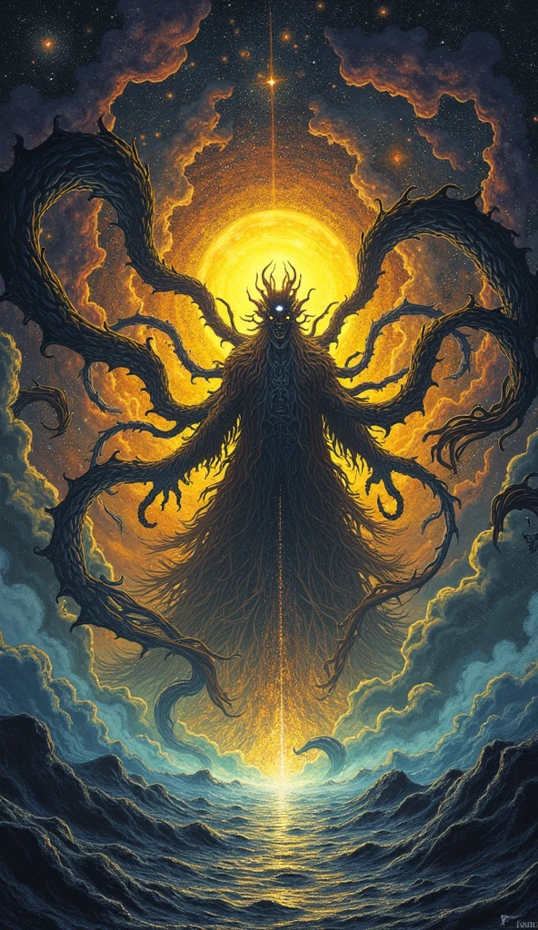 Creating on an insane scale. Dark Lord in Yellow. Hastur. Based on the books by Lovecraft. cosmic horror!! Clear, bright drawing with elements of horror and nightmare.
