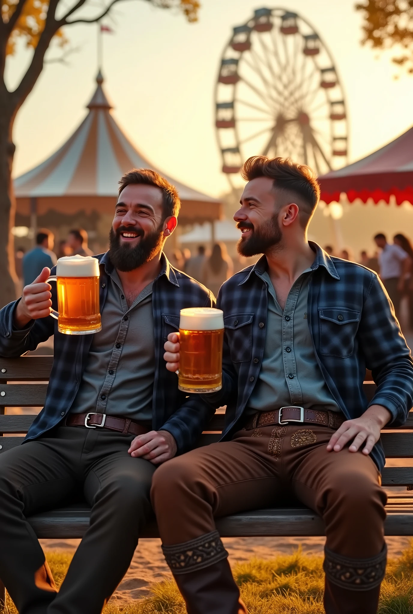 Two men sitting on a park bench holding large beer mugs in one hand, the men wear dark blue checked lumberjack shirts and traditional leather trousers decorated with embroidery, it is a scene at a folk festival, In the background there is a beer tent and a Ferris wheel, the sun shines warm and golden from a cloudless sky