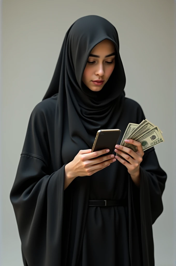 Generate an image of a Women wearing abaya looking at her smart phone holding dollars in her other hand