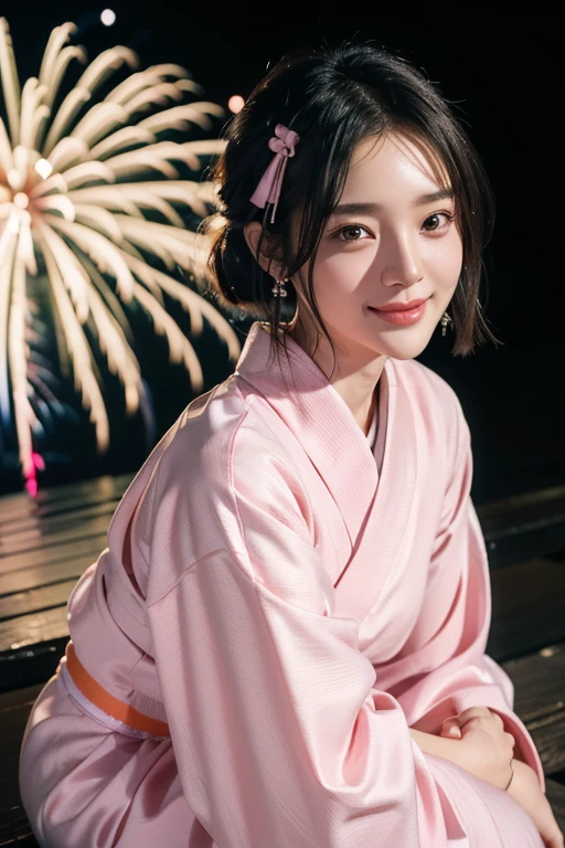 (2 Japanese girl,), (Small breasts:1.5,),(solo,,Textured skin, Detailed skin,Detailed face,Detailed eyes,detailed posing,Natural eyebrows,Sparkling Eyes,High detail, Highest quality, Super detailed, Surrealism, ,8k,RAW Photos,Photographicism,Professional Lighting,Portrait Photography,Soft Light),((Black Hair, Natural Makeup,Simple earrings, Bob Hair,smile,ribbon)),(((Pink yukata,Crouched down and lighting hand-held fireworks,)))