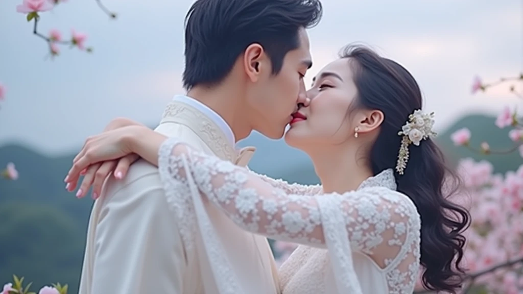 Young Chinese actor and actress with beautiful eyes and black hair, sharing a romantic kiss. They are wearing elegant wedding attire in a China-chic style, with the actress in a flowing, delicate wedding dress and the actor in traditional, refined clothing. They hold hands tenderly, captured on camera in a soft, dreamy atmosphere reminiscent of Takada Akemi's style, with gentle pastel tones and intricate details.