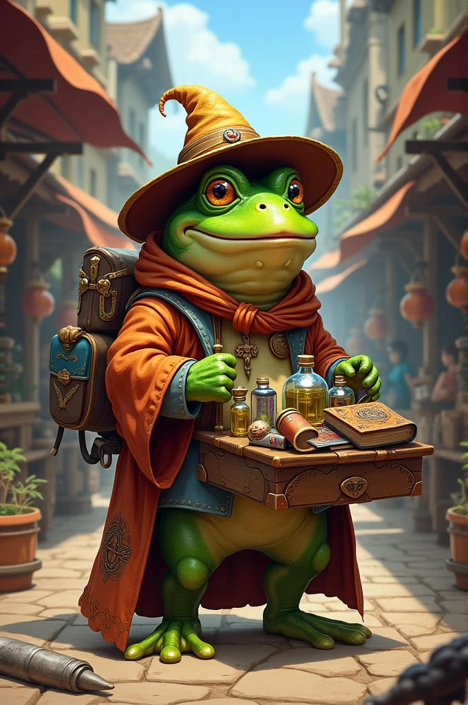 Une grenouille marchand ambulant qui vend des livres et des potions