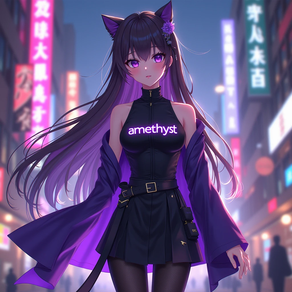 anime girl with a long hair is wearing aesthetic outfit with a text "amethyst" on her clothes, in citylights background