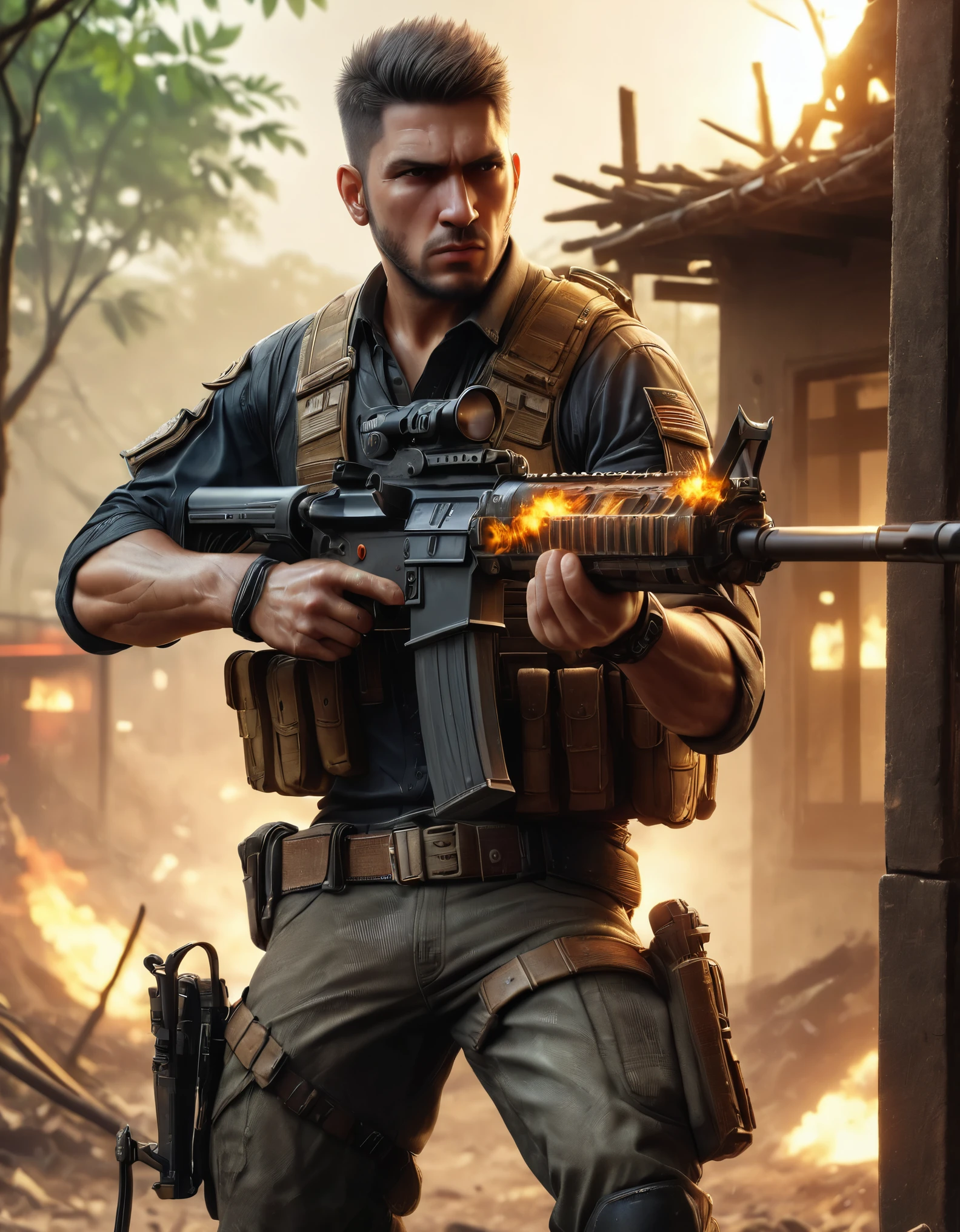 (masterpiece), (best quality), (hires), solo, so lo focus, male focus, muscular mercenary, firing assault rifle, shell casings, brown hair, brown eyes, (crew cut), (spiky hair), (facial hair), (facial scar), angry, clenched teeth, jungle village, dusk, war zone background, tactical gear, combat boots. dynamic action pose, cowboy shot, standing, gritty atmosphere.