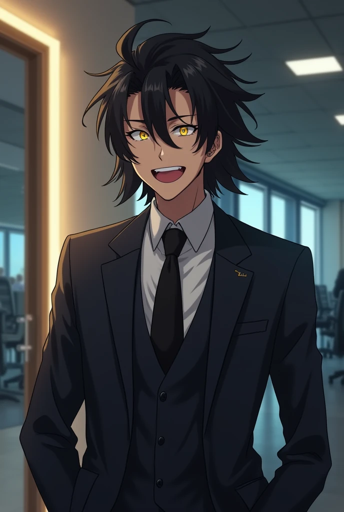 1 adult male, Contractor, Wearing a suit, pleasant, black hair, Yellow eyes, laughing, highest quality, black tie, In the office, Anime art style, uncle, Dark impression, long hair, 