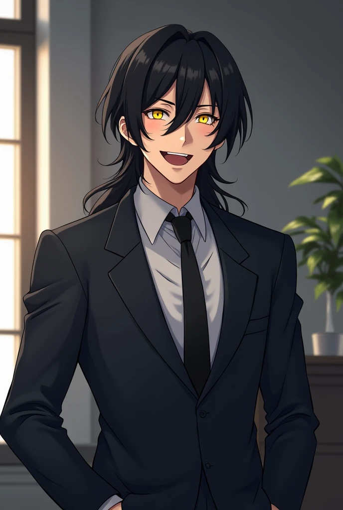 1 adult male, Contractor, Wearing a suit, pleasant, black hair, Yellow eyes, laughing, highest quality, black tie, In the office, Anime art style, uncle, Dark impression, long hair, 