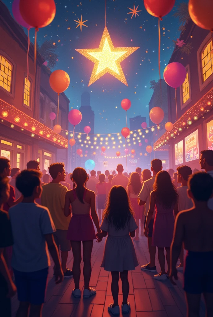 new year party having in midnight,there are many peoples including children and all ages, the decorations for this party contain balloons on the walls,the star on the ceiling, the walls are painted with