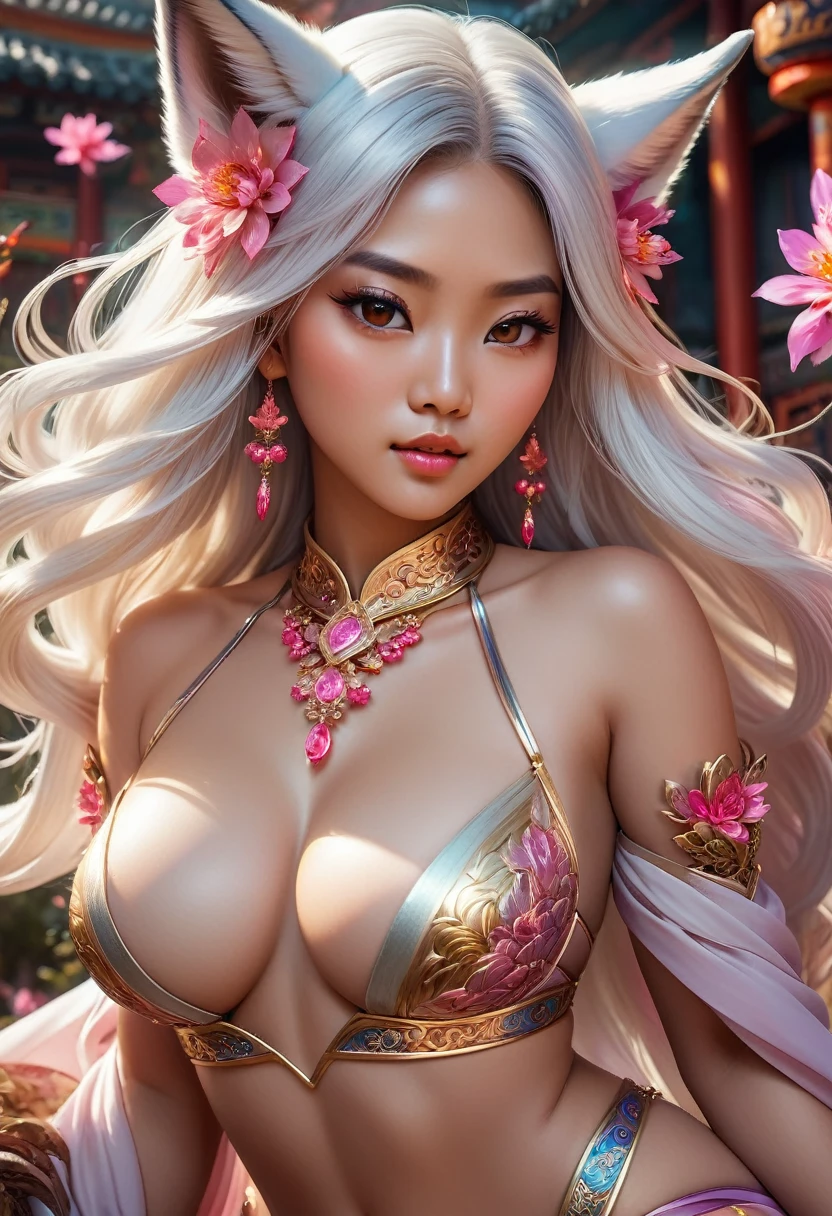 (A Gorgeous Chinese|Filipina woman, slanted Asian eyes, thighs:1.35), flowing white hair, fox ears, stylish, pink eyes, fiery flowers background, beautiful, goddess, fantasy world. Cinematic Lighting, ethereal light, intricate details, extremely detailed, incredible details, full colored, complex details, insanely detailed and intricate, hypermaximalist, extremely detailed with rich colors. masterpiece, best quality, aerial view, HDR, UHD, unreal engine. plump looking at the camera, smooth thighs, (glittery jewelry) ((acrylic illustration, by artgerm, by kawacy, by John Singer Sargenti) dark Fantasy background, glittery jewelry, Representative, fair skin, beautiful face, Rich in details High quality, gorgeous, glamorous, 8k, super detail, gorgeous light and shadow, detailed decoration