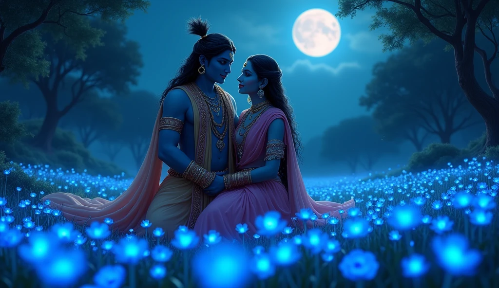 Radha Krishna coming for blue night gloing flowers  Ultra high quality 
