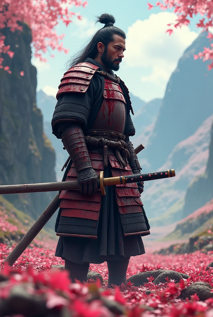 Samurai covered with blood in an open land full of trees and pink leaves.
Add more blood to the samurai.
add mountains
Make it realistic
Send the samurai a bit far and add regret to his face
Add more regret to the samurais face add dead bodies
