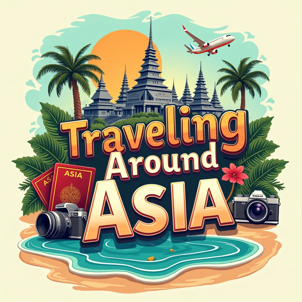 making the name 'Travelling around Asia' the focal point, The design should incorporate tropical beaches, a passport, pagodas, hindu temples and a camera.